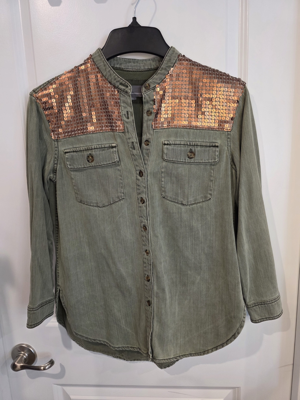 Anthropologie Sequin Cargo Army Green Button-Down Shirt